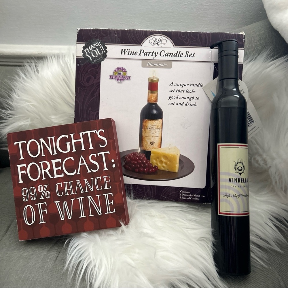 WINE LOVERS NOVELTY SET. CANDLES , sign, winebrella PLUS extras